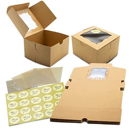 50 Pack Display Window Brown Bakery Boxes for Small Cake, Cookie, Dessert, Donut, Pie Slice, Pastry Durable Kraft Box for Gift Giving (4 x 4 x 2.5 inches) Stickers and Parchment Paper Included