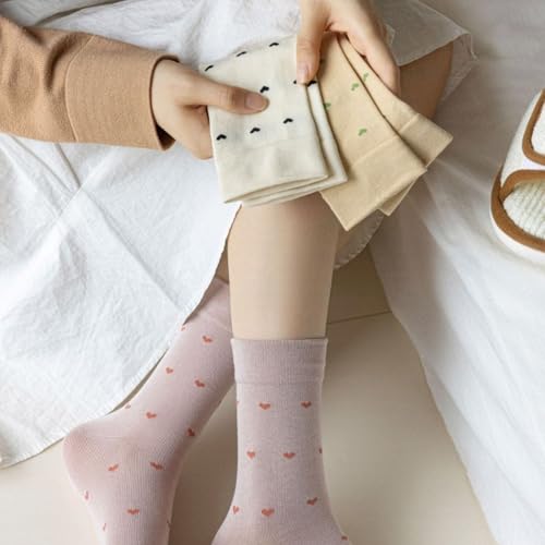 Image of Women's Cute Heart Pattern Crew Socks - 3 Pairs Colorful Novelty Gift Set - Soft Cotton Cozy Socks for Casual Wear