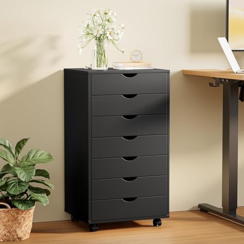 Image of 7 Drawer Mobile File Cabinet Under Desk Storage Organization with Wheels Vertical Filing Chest Rolling Wood Small Desk Printer Stand for Home, Black