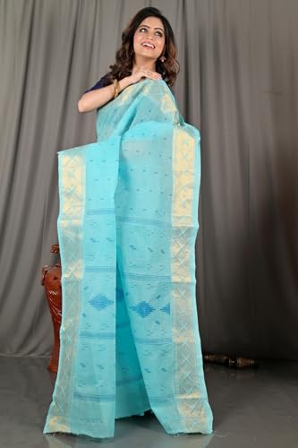 Image of eC ESHA'S COLLECTION Women's Kerala Cotton Floral Motif Printed Zari Bordered Tant Saree Without Blouse Piece