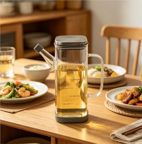 Image of Borosilicate Glass Oil Dispenser Bottle with Handle, Square | 750ml, Oil and Vinegar Dispenser, Includes Stoppers