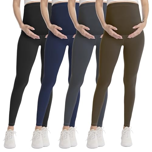 WELL&JUST Maternity Over Belly Leggings, 4 Packs Soft Support Yoga Tights Pants, M