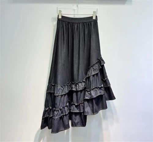 Women's High Waist Denim A Line Long Skirt Slim Fit Asymmetrical Hem with Cascading Ruffles Chic Fashion Streetwear Skirt3