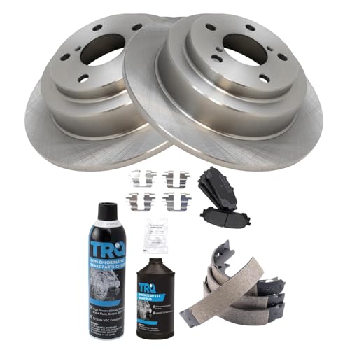 Image of TRQ Rear Brake Pad & Rotor Kit, with Chemical Kit Parking Brake Shoe Set Semi-Metallic Compatible with 2004-2007 Subaru Forester Impreza