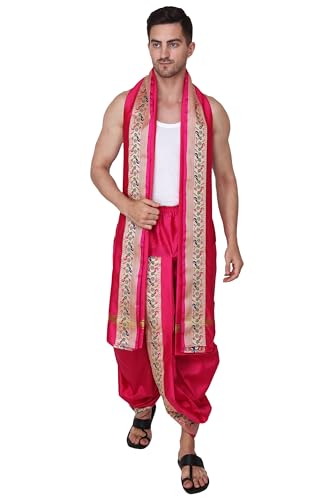 Image of Rameshwaram Fabrics Readymade Dhoti for Men, Velcro Style Stitched Mens Silk Dhoti Pant with Stole Set