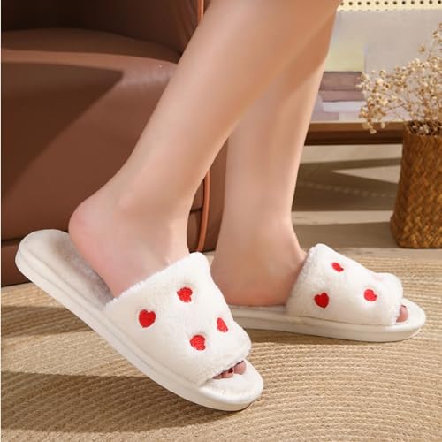 Cute Hearts Home Slippers for Women Men Indoor Cozy Open Toe Bedroom Slipper with Red Heart Fuzzy Plush Couple House Shoes Non Slip Lightweight Travel Portable2