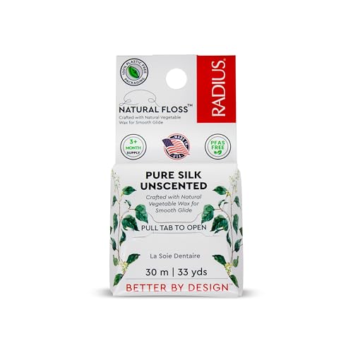 RADIUS Natural Silk Dental Floss Now 30% Thinner for Smooth Glide in Tight Teeth Hand-Spun Silk Infused with Coconut Oil Plastic-Free & Sustainable Packaging Unscented 33 YD - Pack of 1