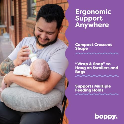 Boppy Anywhere Travel Nursing Pillow - Compact, Ergonomic Bottle & Breastfeeding Pillow with Snap & Loop Hanging Closure and Firm Hypoallergenic Fill, Baby Safety Alliance Verified - Gray 2.0