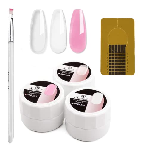 YOTINO 100 Stück Nagel-Verlängerung Schablonen Mit Pinsel Nagel Gel und UV Fiberglas Gel Rosa Weiß, Modellierschablonen Gelnägel für Naildesign und Nailart Cover