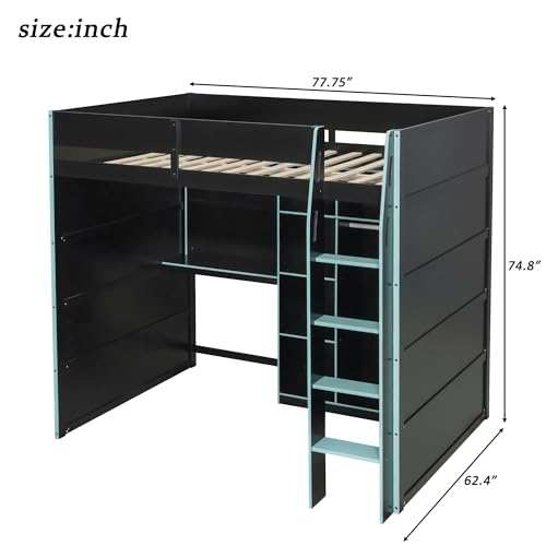 Image of Harper & Bright Designs Modern Full Size Gaming Wood Loft Bed with Desk and Open Wardrobe, Wood Loft Bed Frame with Storage Compartments and RGB Lights, for Kids Teens Adults Bedroom Use (Blue)