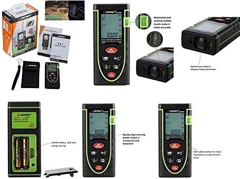 Composite image showing the Sndway SW-M40 Digital Laser Rangefinder's packaging, included accessories, battery compartment (revealing 2xAAA batteries), and details of its horizontal and vertical bubble levels and optical lens.