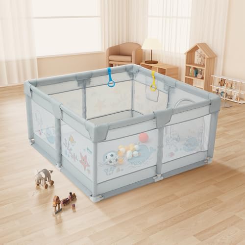 Image of Dawnwake 120 x 120 cm Small Playpen for Baby 6M-3Y, Baby Playard with Anti-Fall Grasp Rings & Safety Lock ((No Mat /No Ball, Non-Foldable)-Grey