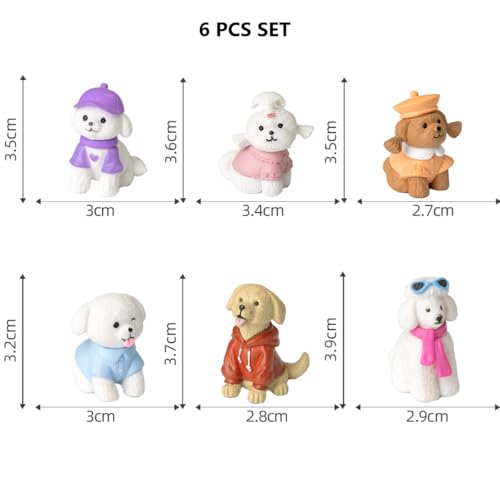 KARLOR Mini Hunde Figuren Set, 6 Stück Welpen Figur, modische Welpen in süßer Kleidung,Teddy Golden Retriever Bichon Malteser Haustiere Figur Tier-Ornamente Sammlungsstück Geschenk Desktop Deko