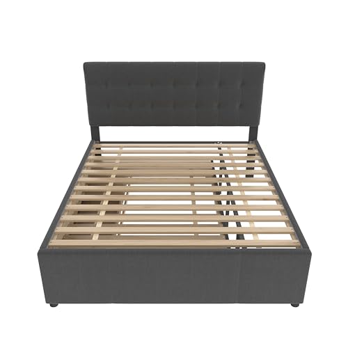 Kinderbett Polsterbett 140x200, Doppelbett Tagesbett mit Ausziehbett und 3 Stauraum Schublade,Schlafsofa Gästebett Sofabett Jugendbett mit Lattenrost,Verstellbares Kopfteil,Leinen,Grau,Ohne Matratze – Bild 7