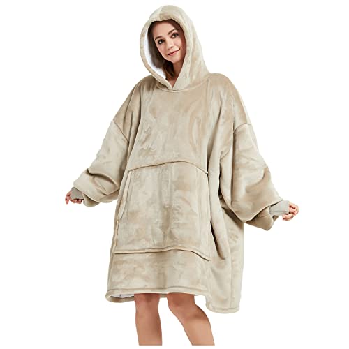 FELOVE Camisola com capuz, manta utilizável, grande Hoodie camisola com tamanho grande, tamanho único, quente, macio e confortável camisola, para adultos, homens, mulheres, adolescentes., caqui