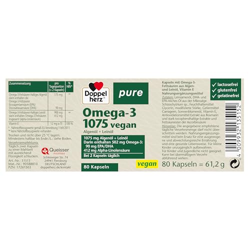 Doppelherz pure Omega-3 1075 vegan - Algenöl und Leinöl - Alpha-Linolensäure trägt zum Erhalt eines normalen Cholesterinspiegels bei - 80 Kapseln – Bild 3