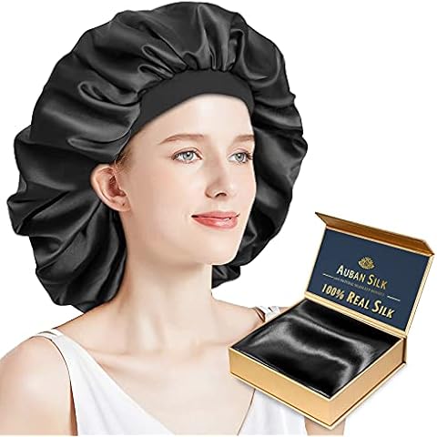 Auban Silk Bonnet Large 23 Momme Sleep Cap 100% Real Silk Hair Wrap for Sleeping No Press Elastic Band Hair Breathable for Curl and Dreadlock Night Cap Girls Gym and Makeup Black Cover