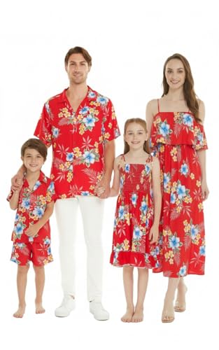 Image of Matchable Family Hawaiian Luau Men Women Girl Boy Clothes in Hibiscus Red