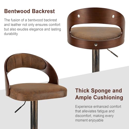 Butaco VECELO, Set de 2 taburetes de bar con respaldo de madera curvada, brazos y reposapiés, rotación 360°, altura ajustable para cocina y bar, asiento acolchado en cuero sintético PU, color marrón oscuro miniatura 4
