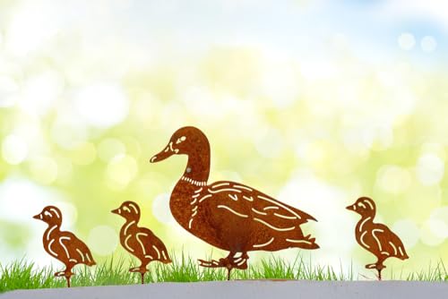 Der-Porzellan-Laden Gartenstecker Ente & 3 Küken, Edelrost Deko aus Metall, wetterbeständig, 1 Set (15 x 7 cm) – rustikaler Hingucker für Frühling & Sommer