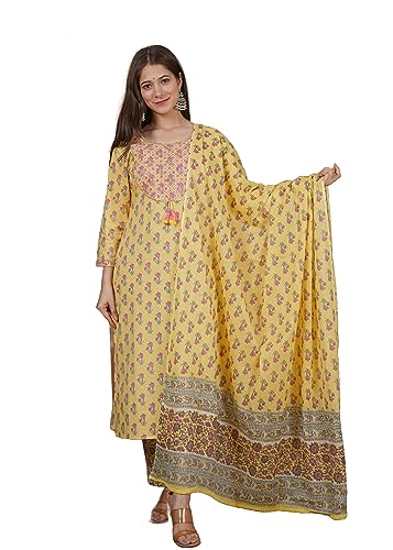 Image of MEERA FAB Women's Cotton Printed Green Printed Straight Embroidery Kurta with Palazzo & Dupatta Set