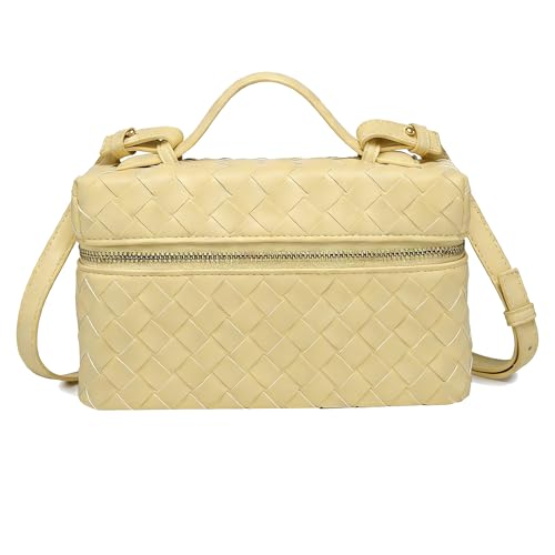 Image of Mini Woven Crossbody Purse Square Box Bags Top-Handle Tote Handbag Shoulder Bag Cute Satchels Trendy (Light Yellow-B)