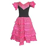 Genérico 12+ Meses, 1 Año Vestido de Flamenco Rosa con Lunares Negros para Niñas, Traje Español con Volantes y Flecos, 12+ Meses, 1 Año