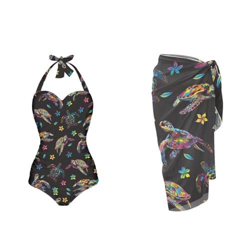 Musical Notes One Piece Swimsuit Tummy 2 Piece for Women Over 50 with Wrap Skirt Plus Size Bathing Suit Cover up