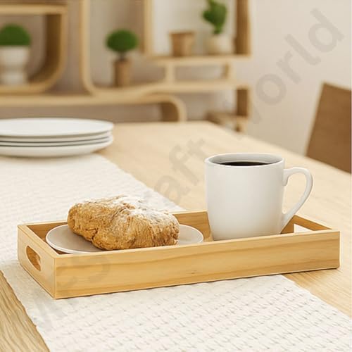 Image of Premium Pine Wood Serving Tray - Rectangular Wooden Tray with Handles for Kitchen, Dining, Coffee Table & Home Decor - Tea Snacks Breakfast Tray (Natural)