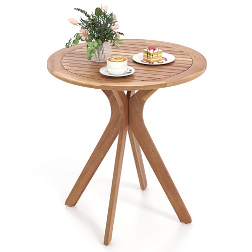 RELAX4LIFE Tavolo Rotondo da Esterno 70CM, Tavolo da Appoggio in Legno di Acacia Massiccio con Piano a Listelli, Base Stabile a Forma di X, per Soggiorno, Cortile, Giardino, Capacità di Peso 75KG