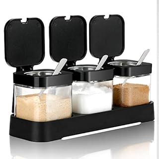 Mlici Condiment Jar Spice Container Set of 3 with Lids & Spoons, 255ml Clear Glass Condiment Canisters Pots Seasoning Box, Salt Container Sugar Bowl for Kitchen, Counter, Food Storage (Black)