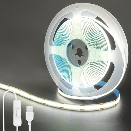Clearhill 5V USB COB LED Strip Lights with Switch,16.4FT/5M,Cool White 6500K,320LEDs/M,8mm Width,Not Waterproof IP20,1M USB Cable,for DIY Home Indoor Decoration