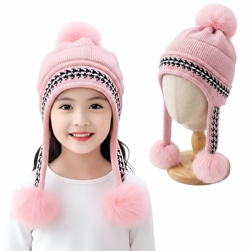 Image of Kraptick Children's Winter Cap: Velvet Thick Warm Woolen Knit Hat with Ear Protection for Children Stylish Korean Beanie with Long Pompom Ears & Fleece Lining Perfect for Winter -4