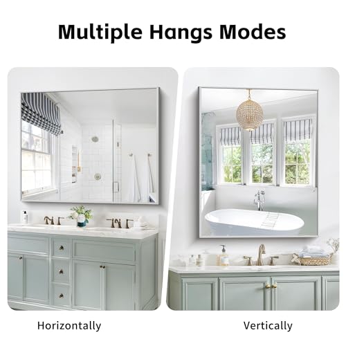 Image of COFENY 40x48inch Silver Bathroom Mirror, Silver Rectangle Mirror with Frame, Large Rectangular Wall Mirrors for Bathroom, Living Room, Hair Salon, Big Farmhouse Mirror Hang Horizontal /Vertical