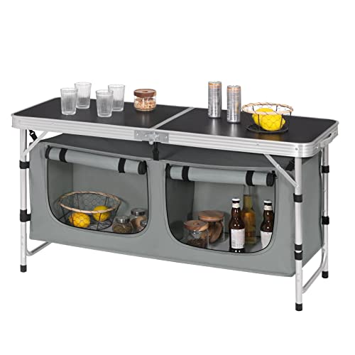 WOLTU Folding Camping Cupboard Kitchen, Height Adjustable Aluminum Camping Table with Storage, Lightweight Picnic Table with Carry Handle for Outdoor Patio BBQ Party, Black + Grey - Image 8