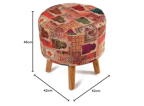 Image of NACIA Printed Ottoman Upholstered Foam Cushioned Pouffes Puffy Stool for Living Room Sitting Muddha Wooden Velvet Pouf Stool for Foot Rest, Home Decor Dressing Table Stool, 16x16x17 Inches, Beige