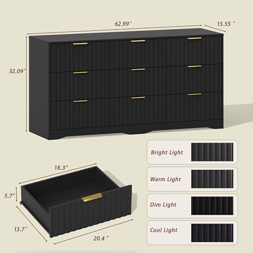 Image of Fluted 9 Drawer Dresser for Bedroom, 63 inch Wide Modern Wooden Chest of Drawers with Metal Handles, TV Stand & Closet Storage Organizer for Living Room,Hallway, Black
