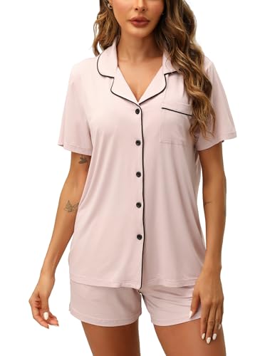 Image of ZMJ Women's Pajama Set Dusty Pink, M - Extremely Soft 2 Piece Lounge Sets Short Sleeve Top and Shorts Pj Set Button Down Sleepwear Outfits - Ideal for Gifts, Maternity, Postpartum, Lounging at Home
