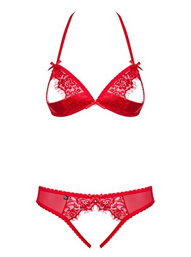Selente Love & Fun Ensemble Lingerie sophistiqué à 3 pièces: Soutien-Gorge, Slip et Bandeau pour Les Yeux en Satin, Rouge Ouvert, S-M