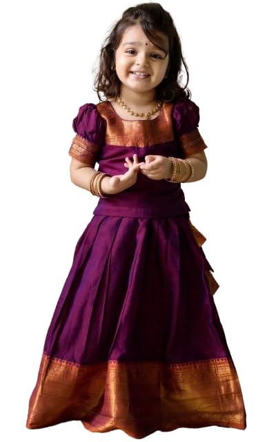 Image of New South Indian Traditional Pattu Pavadai Tapeta Silk Lehenga Choli For Girls Dress Wine 7 Years- 8 Years | (JH-2)