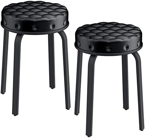Sofeya Set of 2 Bar Stool, Stackable Round Faux Leather Stool with Metal Legs, Modern Foot Stool for Bedroom, Living Room, Ding Room, Multifunctional Upholstered Seated Desk Stool (Black, 18.5 inch)