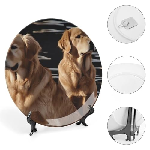 QWJKM Dekorative Teller aus Knochenporzellan, Golden Retriever, Salatteller, Porzellan, Dessertteller, Serviergeschirr, Kunstdekoration, Ornament für Wohnzimmer, Tisch, Küche, 18 cm