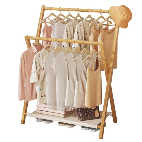 Penderie double pliable en bambou avec étagère de rangement, petit portant vêtements gain de place