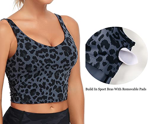 Image of Oalka Sports Bra Womens Longline Padded Crop Yoga Tank Tops | Built in Bras, Workout, Athletic, Fitness, Super Soft, Comfort, Cropped Top, Removable Pads, Heart Neckline For Women
