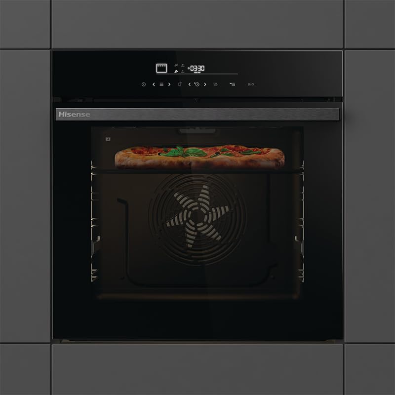 Hisense HO66F PIZZACHEF Four électrique 60 cm, mode pizza Pro 350°, nettoyage pyrolytique, air fry, even Bake, wifi, 77 litres, porte douce, programmes automatiques, noir