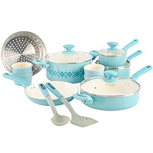 Spice by Tia Mowry Savory Saffron 16-Piece Healthy Nonstick Ceramic Cookware Set – Aqua Blue