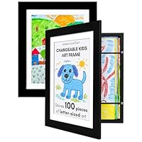 Kids Artwork Frame Changeable (Black) - Magnetic Door Holds 100 Art Pieces - 8.5x11 Letter Size Display with Mat or 10x12.5 Without Mat - My Mini Masterpiece (Set of 2)