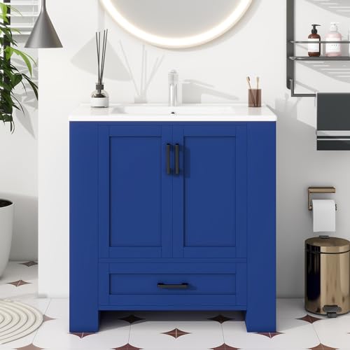 Kebnor 76 x 46 x 78,5 cm, mobile da bagno, lavabo completamente verniciato, doppia porta, cassetti silenziosi, mensole su entrambi i lati, lavabo in ceramica integrato, blu