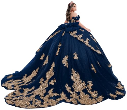 Mouccy Luxury Gold Applique Quinceanera Dresses with Bow Bead Tulle Sweet 16 Dress Off Shoulder Prom Dresses Long Ball Gown