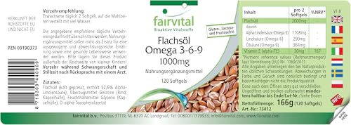 Fairvital | Omega-3-6-9 Kapseln - HOCHDOSIERT mit 2000mg LeinsamenÖl (Flaxseed Oil) pro Tagesdosis - natürliches Linolsäure & Alpha-Linolensäure - kaltgepresst - 120 Softgels